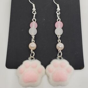 Handmade Beaded Kawaii Fuzzy Pink and White Cat Dog Paw Earrings